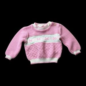Snuggle Alert 80s Vintage Acrylic Pink White Rocking Horse Sweater Sz 12 M